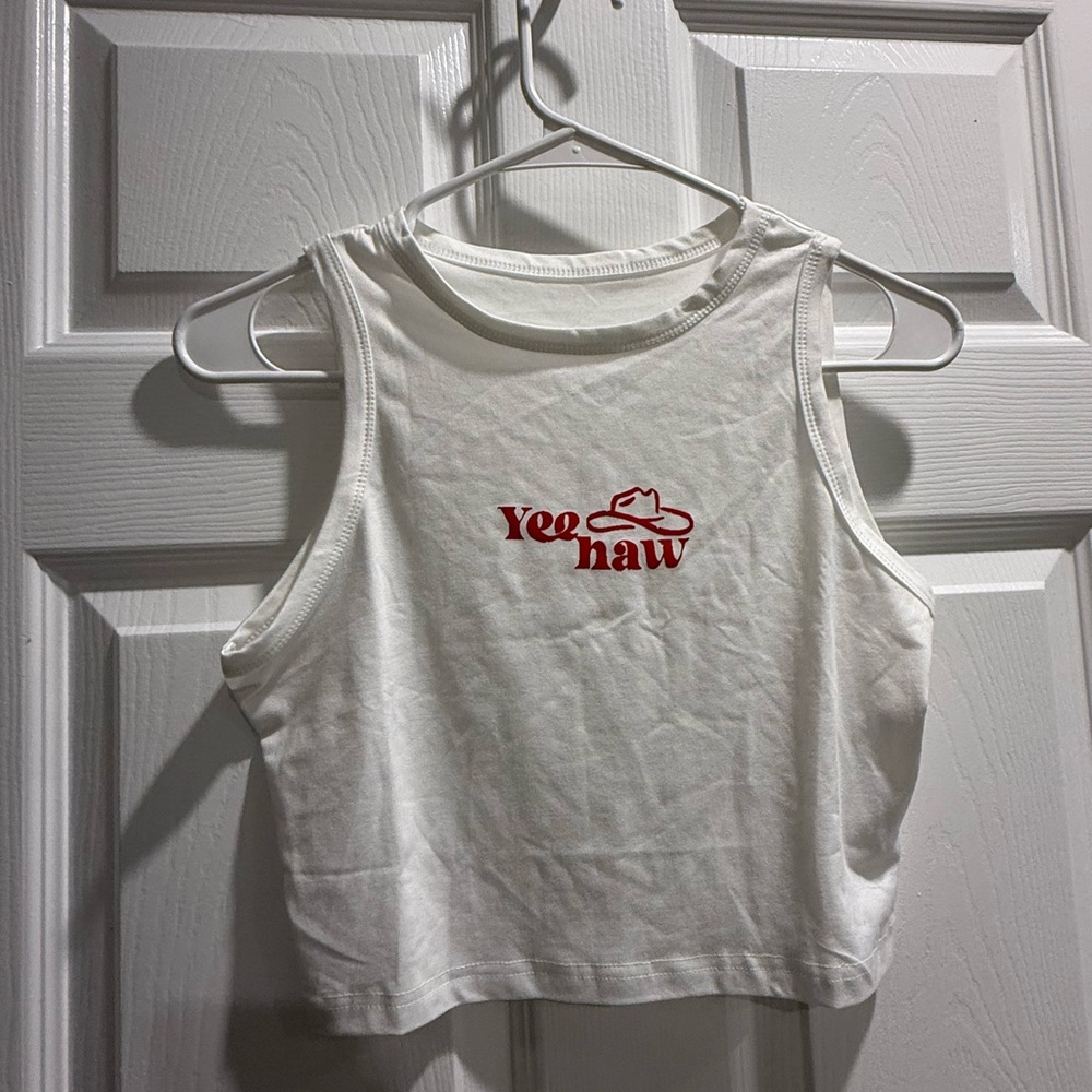White Cropped Tank Top with Red 'Yee Haw' Graphic
